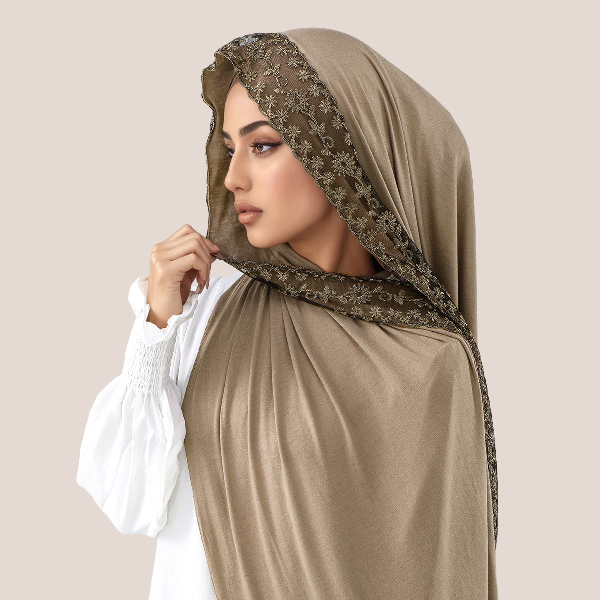 Embroidery Jersey - Koronkowy haft, bawełniany dżersej, muzułmański hidżab,