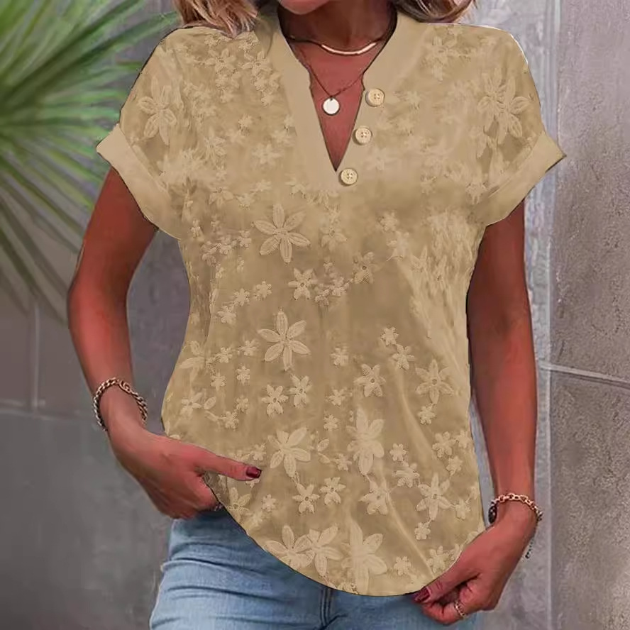 Embroidery Jersey - Damska bluzka z kwiatowym haftem, dekoltem