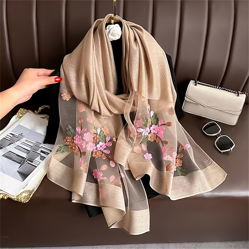 Embroidery Pashmina - Damski jedwabny szalik wełniany kwiatowy haft